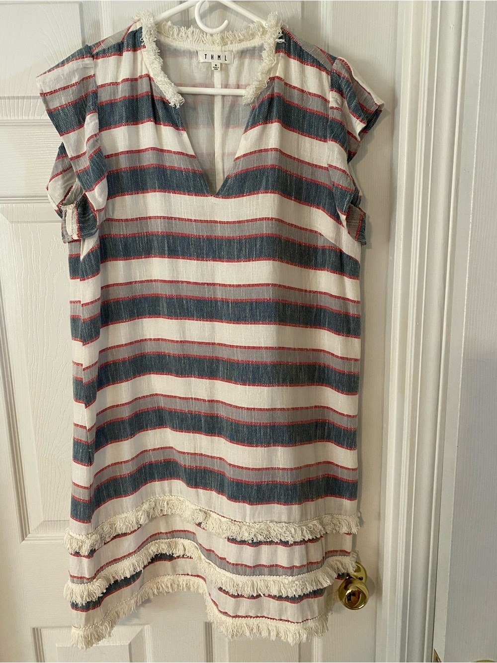 THML Cream Dress with Soft red and Navy Stripes, lined.